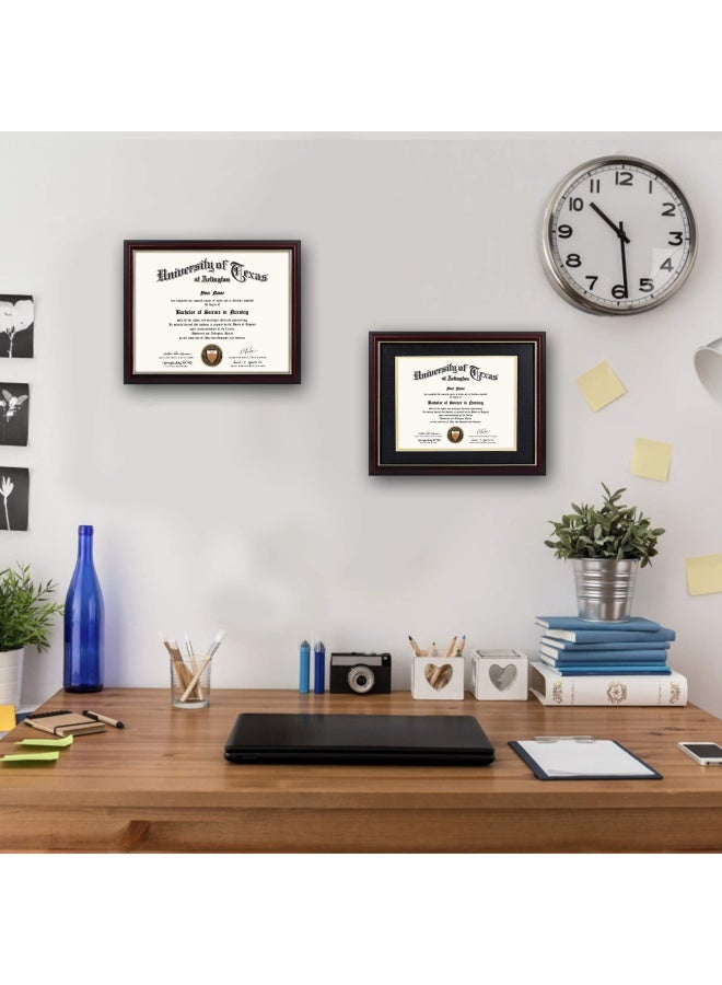11X14 Diploma Frame For 8.5X11 Certificate Real Wood And Uv Protection Acrylic Cherry Finish With Gold Trim Black And Gold Mat