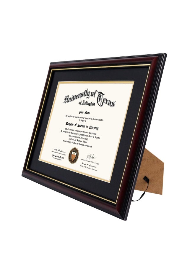 11X14 Diploma Frame For 8.5X11 Certificate Real Wood And Uv Protection Acrylic Cherry Finish With Gold Trim Black And Gold Mat