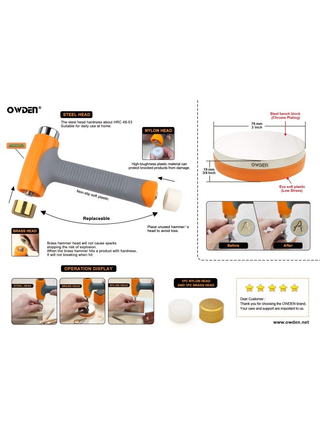 OWDEN Professional Jewelry metal stamps hammer with 2 replace hammer heads No-Rebound steel bench block set Jewelry stamping working tools Metal letter punch for brass aluminium copper leather marks.