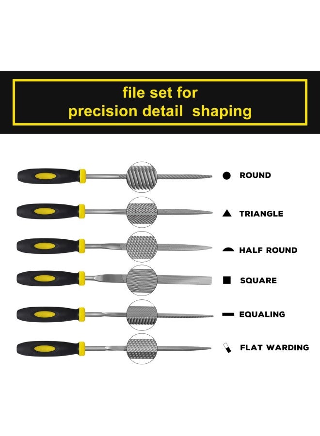 Kapoua Needle File Set, 6 Pieces Hand Metal Files, Hardened Alloy Strength Steel Set Includes Flat, Flat Warding, Square, Triangular, Round, And Half-Round File