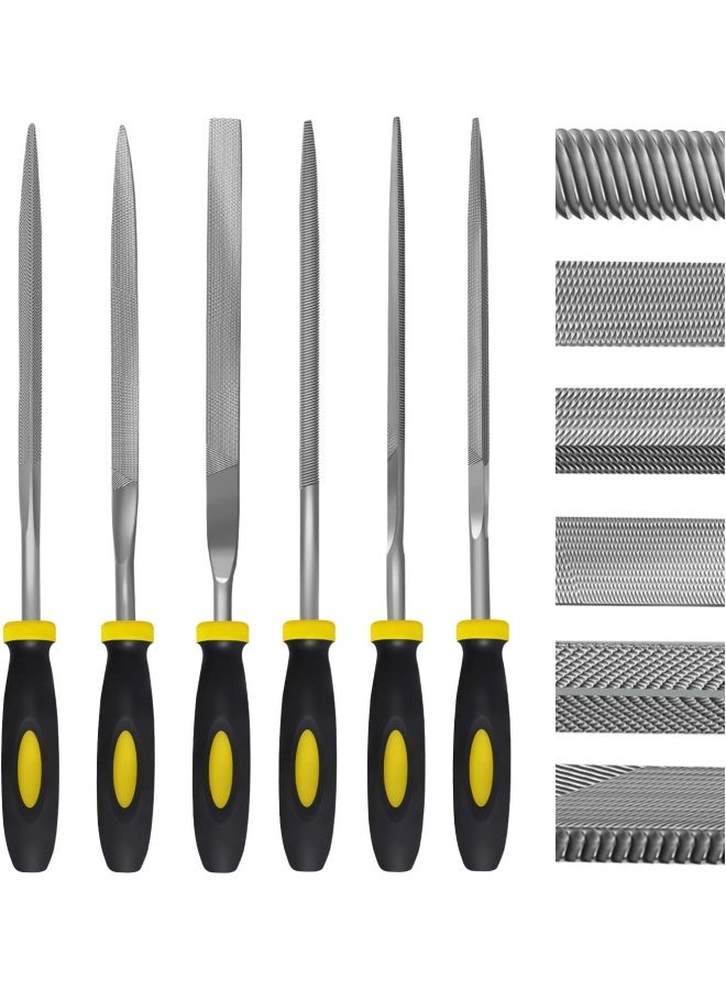 Kapoua Needle File Set, 6 Pieces Hand Metal Files, Hardened Alloy Strength Steel Set Includes Flat, Flat Warding, Square, Triangular, Round, And Half-Round File