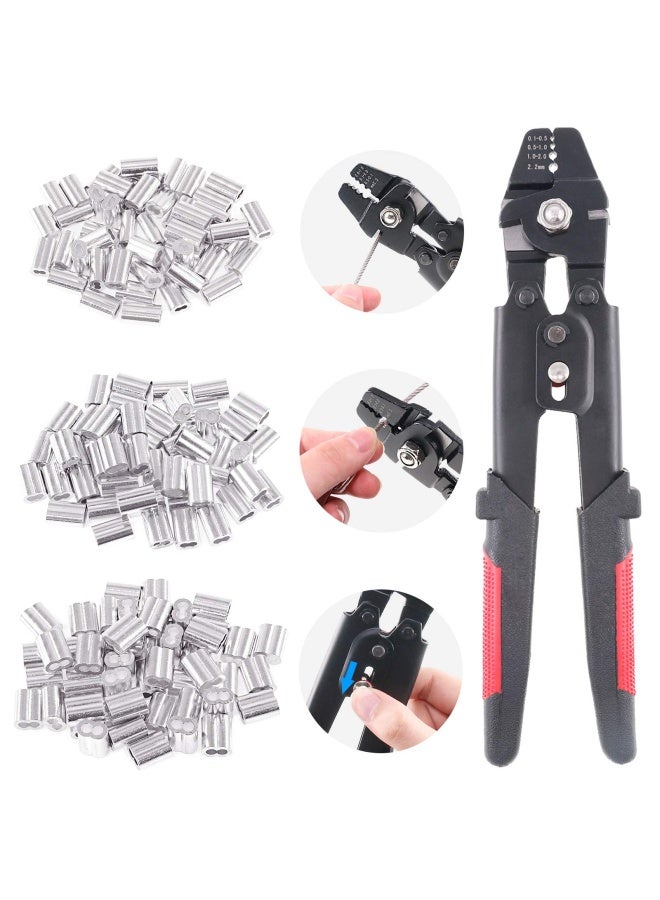 Up To 2.2Mm Wire Rope Crimping Tool Wire Rope Swager Crimper Fishing Crimping Tool With 180Pieces 1.2 1.5 2Mm Aluminum Double Barrel Ferrule Crimping Loop Sleeve Kit