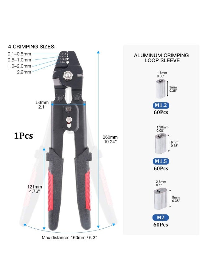 Up To 2.2Mm Wire Rope Crimping Tool Wire Rope Swager Crimper Fishing Crimping Tool With 180Pieces 1.2 1.5 2Mm Aluminum Double Barrel Ferrule Crimping Loop Sleeve Kit