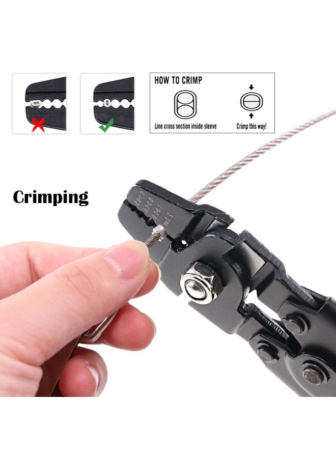 Up To 2.2Mm Wire Rope Crimping Tool Wire Rope Swager Crimper Fishing Crimping Tool With 180Pieces 1.2 1.5 2Mm Aluminum Double Barrel Ferrule Crimping Loop Sleeve Kit