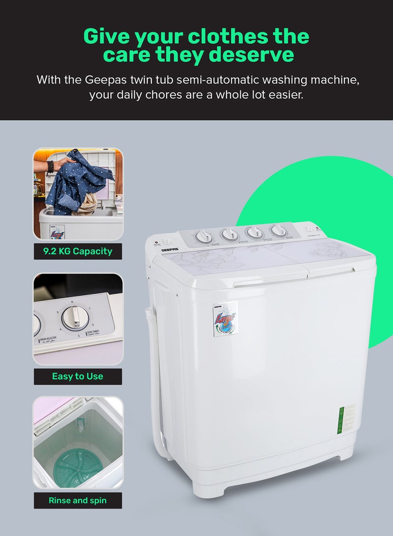 Twin Tub Semi-Automatic Washing Machine 9.2 Kg | 7 Kg Spin Capacity Powerful Motor High Back Control Panel Top Load Washing Machine| Tempered Glass Cover, Low Noise Motor, Magic Filter GSWM6467N White