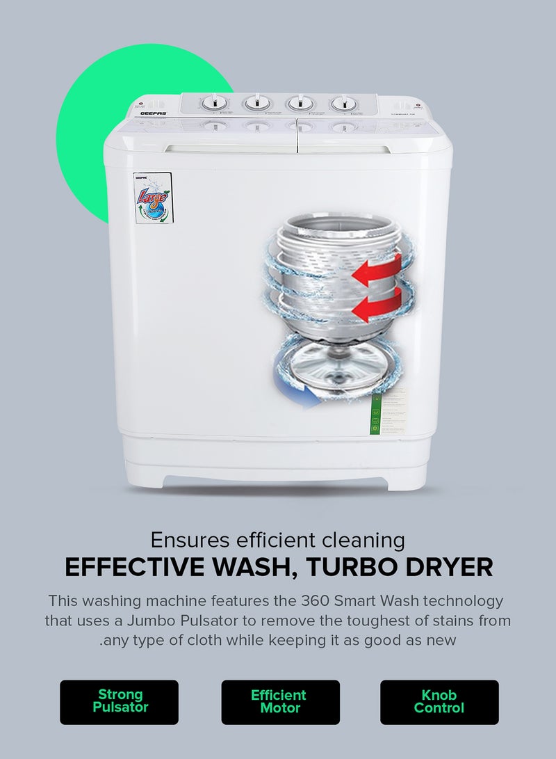 Twin Tub Semi-Automatic Washing Machine 9.2 Kg | 7 Kg Spin Capacity Powerful Motor High Back Control Panel Top Load Washing Machine| Tempered Glass Cover, Low Noise Motor, Magic Filter GSWM6467N White