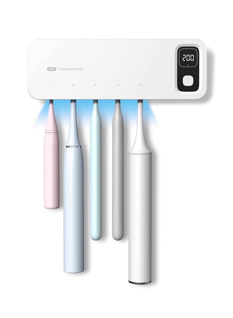 Toothbrush Sanitizer Holder UV Sanitizer Toothbrush Holder Fan Drying 5 Slots Tooth Brush Sterilizer Rechargeable and No Drill Bathroom Toothbrush Holder Wall Mounted for Family Use