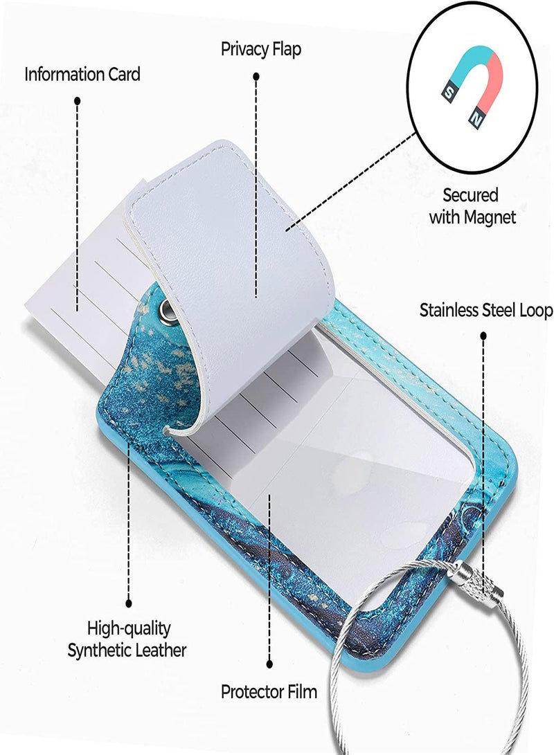 Luggage Tag Identifier for Suitcases, 2 Pack Privacy Protection Travel Suitcase Label Marker for Bag Baggage, PU Leather Luggage Tags with Stainless Steel Loop Name ID Card TSA Approved