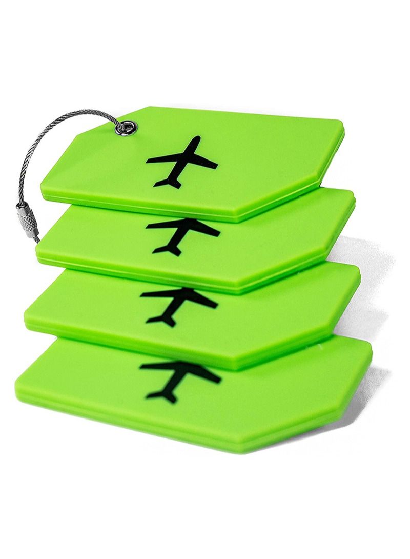 Luggage Tag Set | Pack of 4 Flexible and Bright Silicone Luggage Tags for Ttravel and Suitcases, Includes Business Card with Partial Privacy Cover and Stainless Steel Ring (Green) for Secure Attachmen