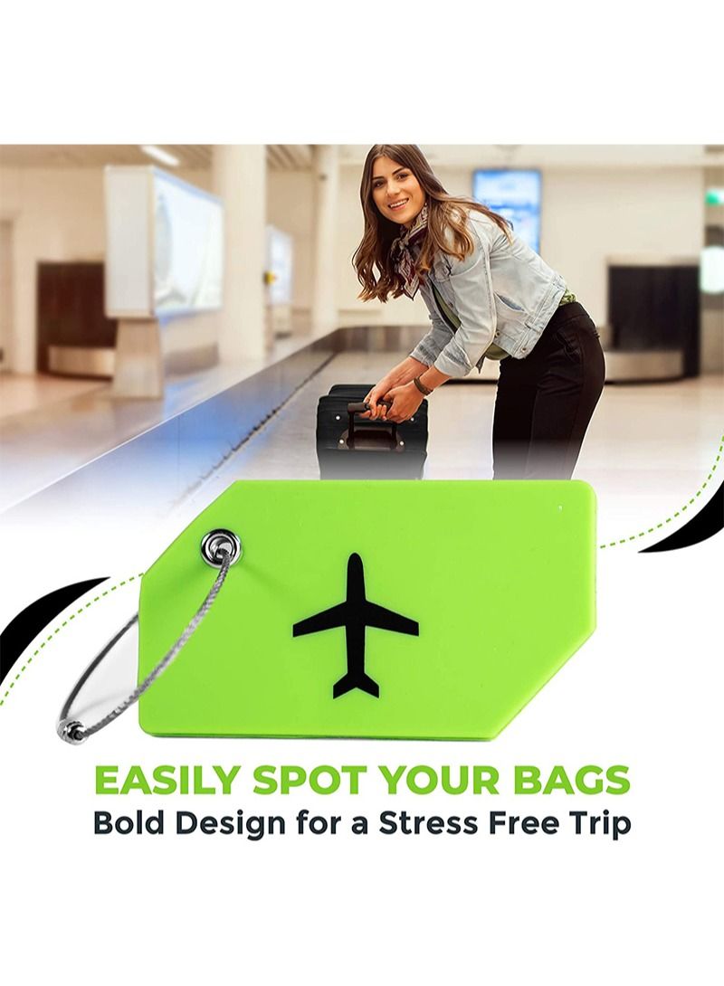 Luggage Tag Set | Pack of 4 Flexible and Bright Silicone Luggage Tags for Ttravel and Suitcases, Includes Business Card with Partial Privacy Cover and Stainless Steel Ring (Green) for Secure Attachmen