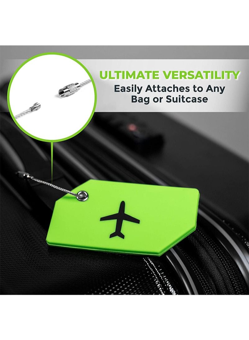 Luggage Tag Set | Pack of 4 Flexible and Bright Silicone Luggage Tags for Ttravel and Suitcases, Includes Business Card with Partial Privacy Cover and Stainless Steel Ring (Green) for Secure Attachmen