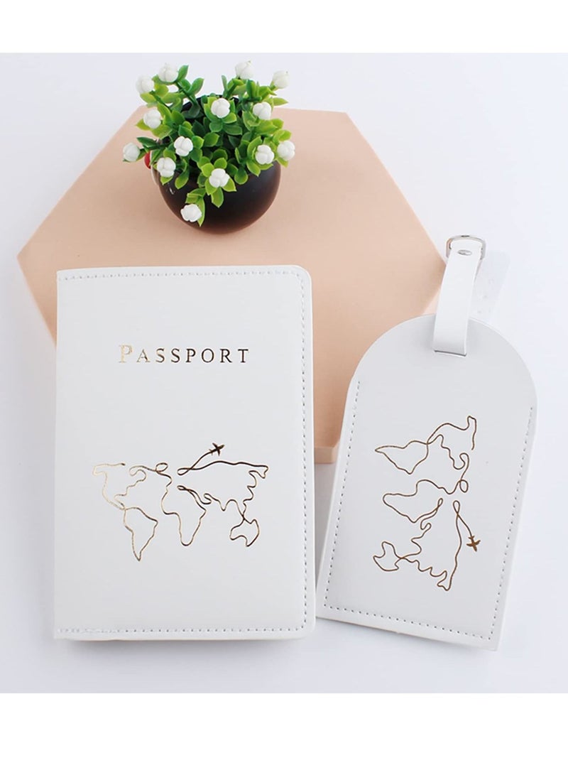 2 Pieces Passport Holder and 2 Pieces Luggage Tag Set,passport Holder Travel Suitcase Organizer Label Map PU Leather Id Bag Luggage Tag Set for Storing Passport Business Card Credit Card Boarding Pass