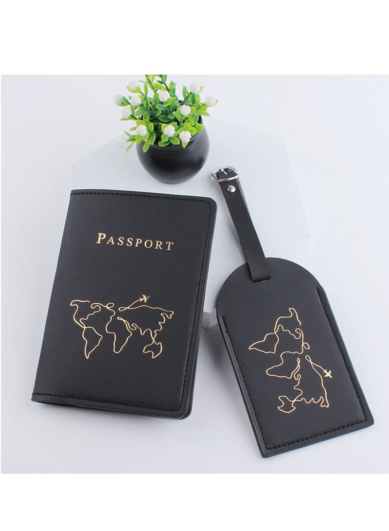 2 Pieces Passport Holder and 2 Pieces Luggage Tag Set,passport Holder Travel Suitcase Organizer Label Map PU Leather Id Bag Luggage Tag Set for Storing Passport Business Card Credit Card Boarding Pass