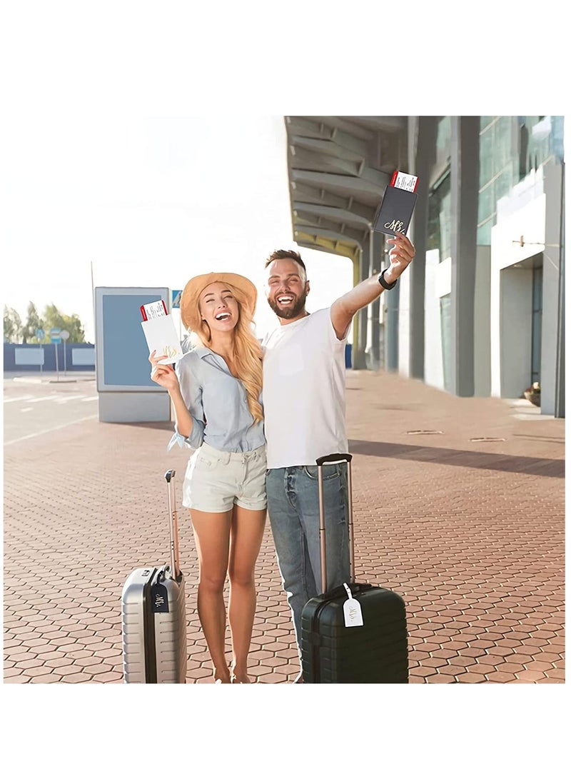Luggage Tags Set and Passport Covers, Mr and Mrs, Personalised Waterproof Leather White Black Name ID Identifier Bag Tag Kit for Married Couples Honeymoon Lovers Travel Outdoor Use(4PCS)