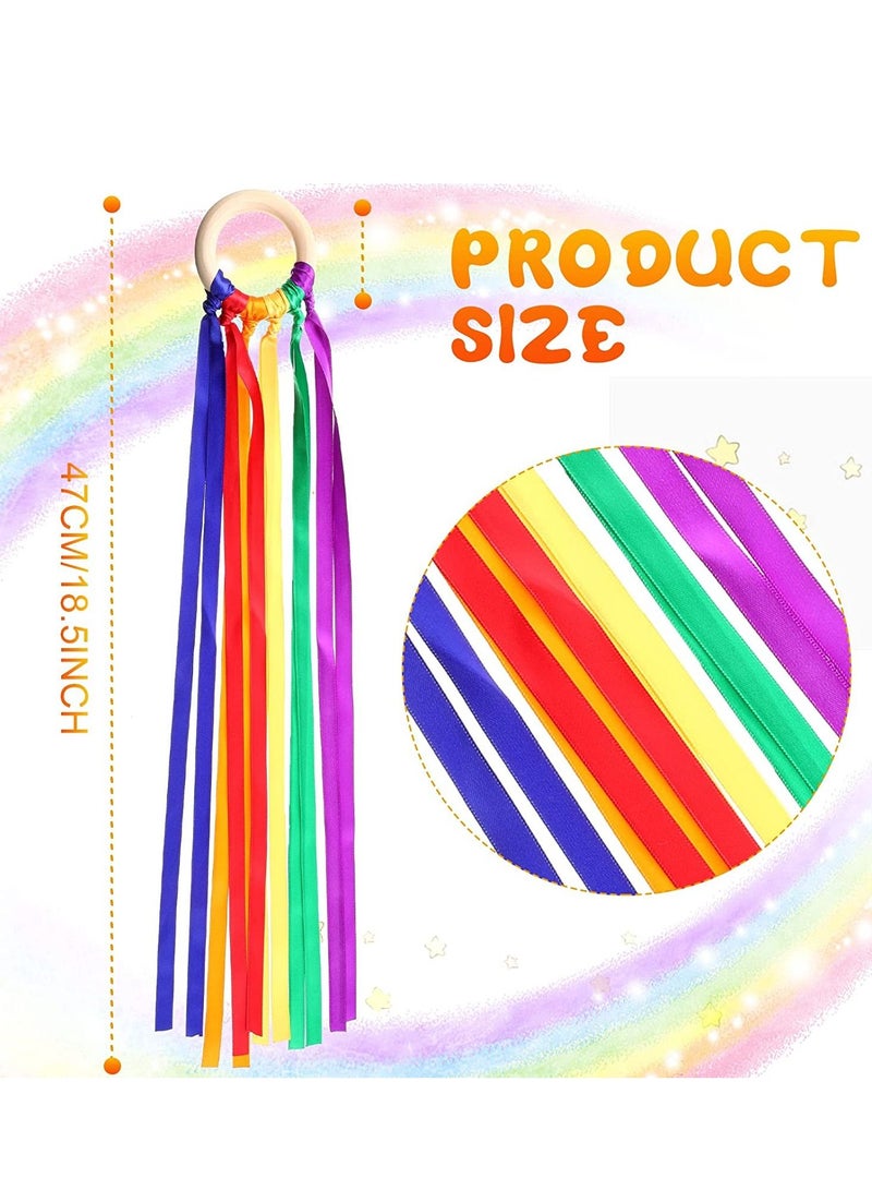 Ribbon Hand Kite Montessori Hand Kite Toy Creative Waldorf Toy Ribbon Streamer with Wood Ring Rainbow Wind Wand Learning Educational Hand Toys for Birthday Party 6 Pieces