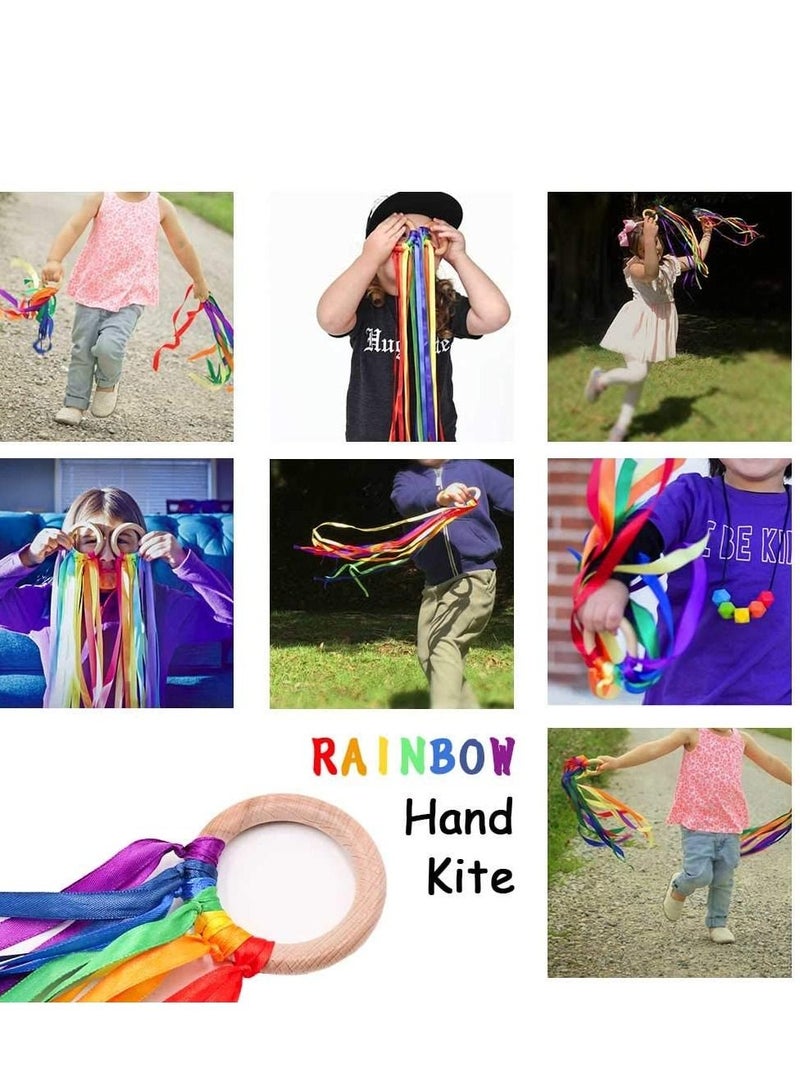 Ribbon Hand Kite Montessori Hand Kite Toy Creative Waldorf Toy Ribbon Streamer with Wood Ring Rainbow Wind Wand Learning Educational Hand Toys for Birthday Party 6 Pieces