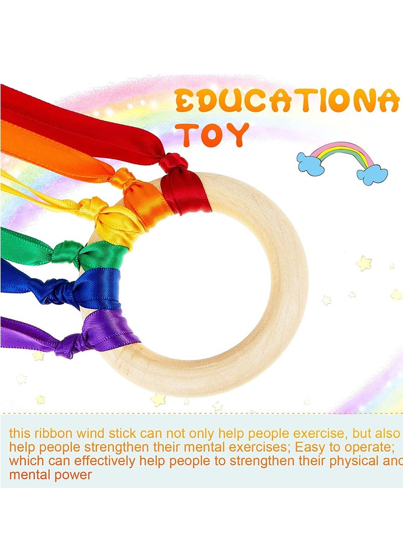 Ribbon Hand Kite Montessori Hand Kite Toy Creative Waldorf Toy Ribbon Streamer with Wood Ring Rainbow Wind Wand Learning Educational Hand Toys for Birthday Party 6 Pieces