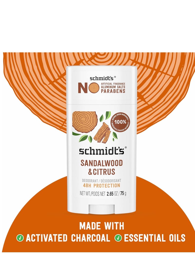 Schmidt's Aluminum-Free Vegan Deodorant Sandalwood & Citrus 2 Count for Women and Men, with 24 Hour Odor Protection, Natural Ingredients, Cruelty-Free, 2.65 oz