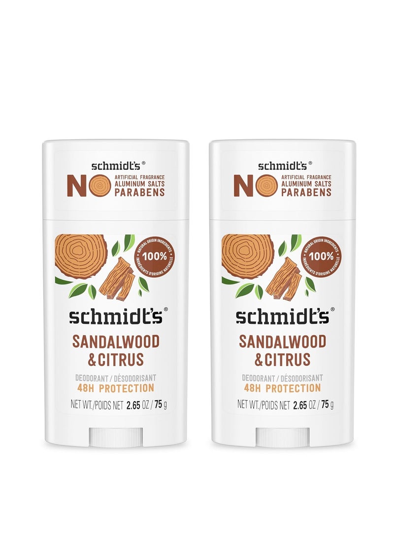 Schmidt's Aluminum-Free Vegan Deodorant Sandalwood & Citrus 2 Count for Women and Men, with 24 Hour Odor Protection, Natural Ingredients, Cruelty-Free, 2.65 oz