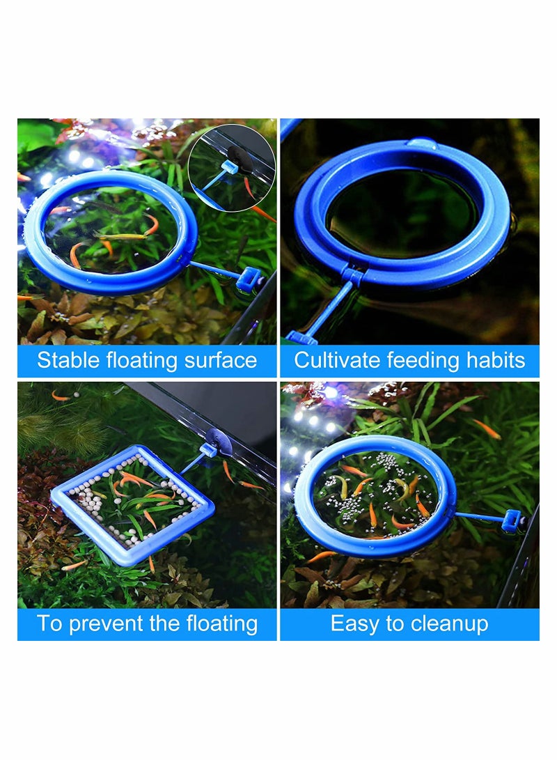 Fish Feeding Ring 2 Pcs Fish Safe Floating Food Feeder Circle Blue, with Suction Cup Easy to Install Aquarium, Fish Turtle Tank Accessories(Square+Circle)