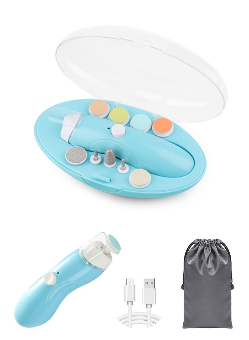 Baby Nail Trimmer Electric, Rechargeable Baby Nail File Baby Nail Clippers Set, Trim Polish Grooming Kit for Newborn Toddler or Adults Toes Fingernails, 9 Grinding Heads and LED Light - Blue