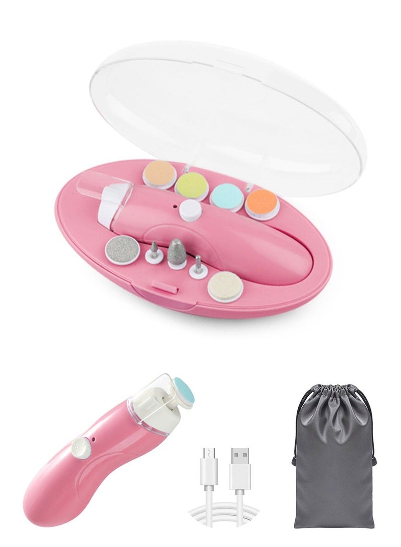 Baby Nail Trimmer Electric, Rechargeable Baby Nail File Baby Nail Clippers Set, Trim Polish Grooming Kit for Newborn Toddler or Adults Toes Fingernails, 9 Grinding Heads and LED Light - Pink