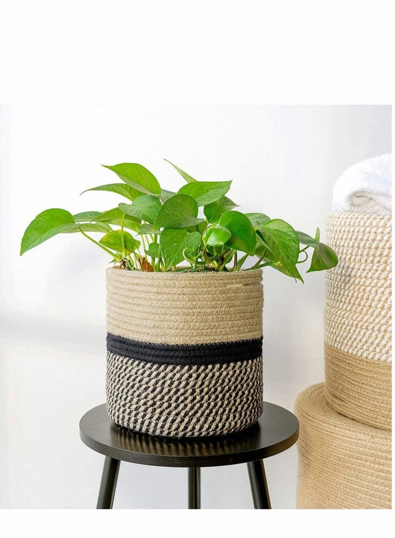 Sturdy Jute Rope Plant Basket Modern Woven Basket up 7.8 Inch Flower Pot, Storage Organizer Basket Rustic Home Decor, Black Stripes
