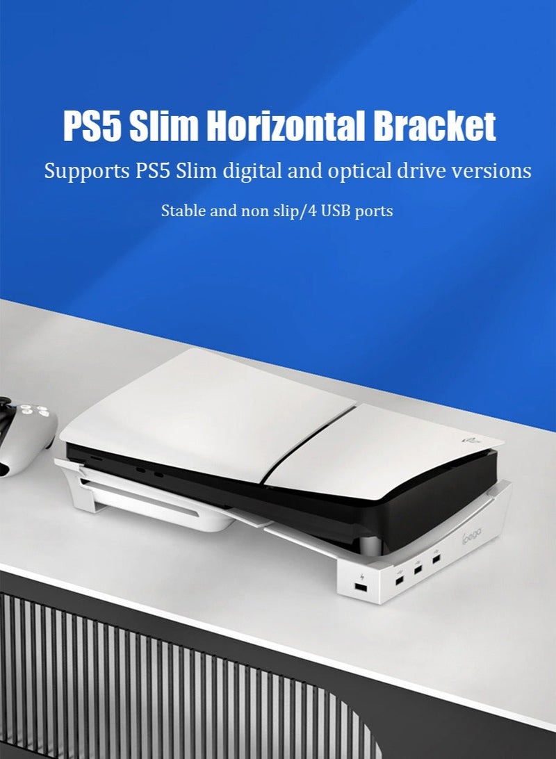 PS5 Slim Console with 4-Port USB Hub for Horizontal Stand Only , Base Stand Accessories for Playstation 5 Slim(Disc & Digital Edition), Holder for PS5 Controller Charging(Not for Regular PS5)