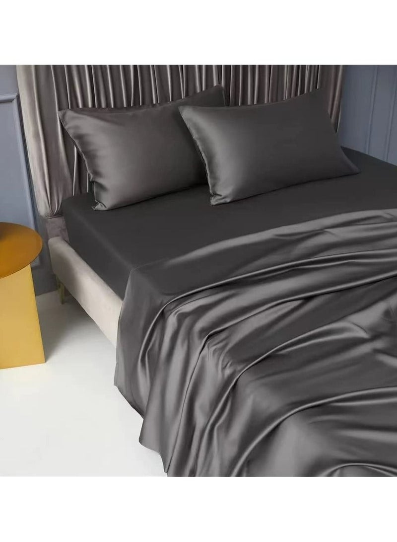 Bed Sheet 100% Tencel Lyocell Set 4PC Flat Sheet 1 Fitted Sheet 2 Pillowcases (Dark Grey)
