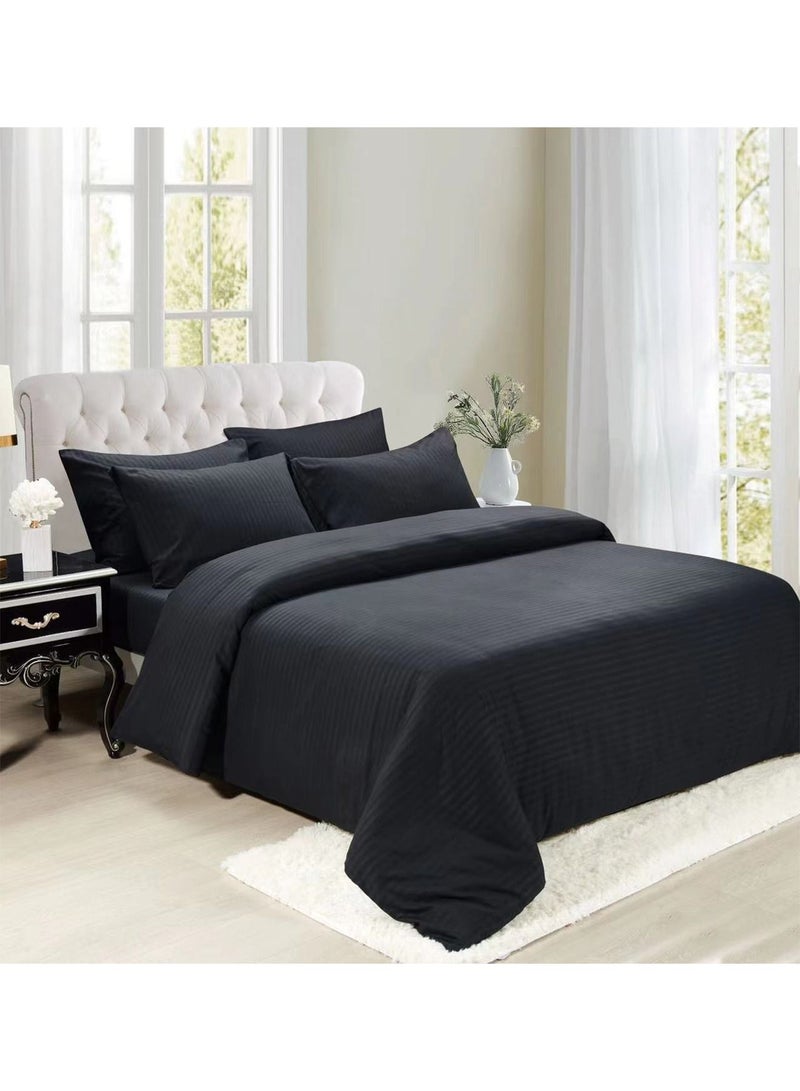 Bed Sheet Set 100% Soft Brushed Cotton Duvetcover Fitted Sheet and 4 Matching Pillowcase 6Pcs(Black)