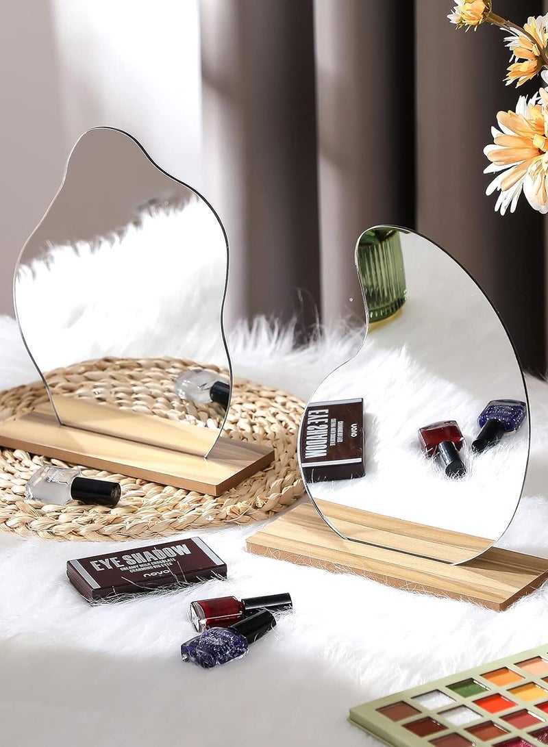 2 Pack Room Decor Aesthetic Acrylic Makeup Mirror for Desk Decor with Stand Vanity Mirror Stand Mirror Frameless Wooden Stand Mirror Tabletop Makeup Mirror for Bedroom Living Room, 2 Styles