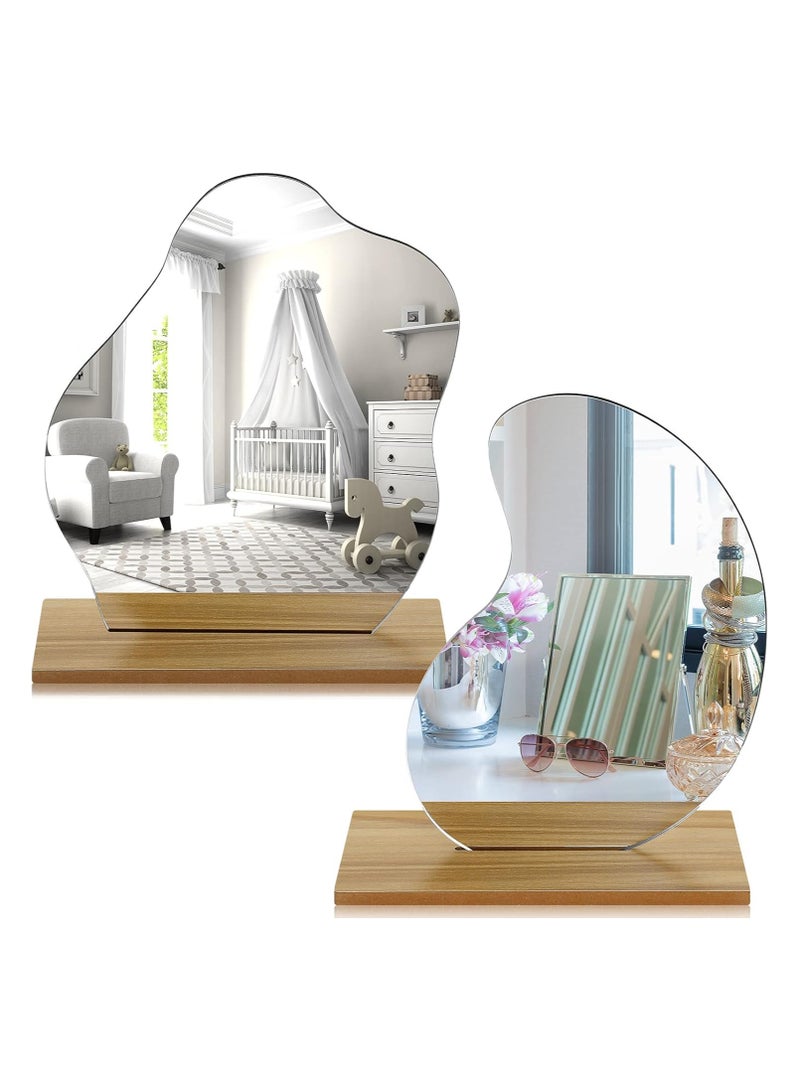 2 Pack Room Decor Aesthetic Acrylic Makeup Mirror for Desk Decor with Stand Vanity Mirror Stand Mirror Frameless Wooden Stand Mirror Tabletop Makeup Mirror for Bedroom Living Room, 2 Styles