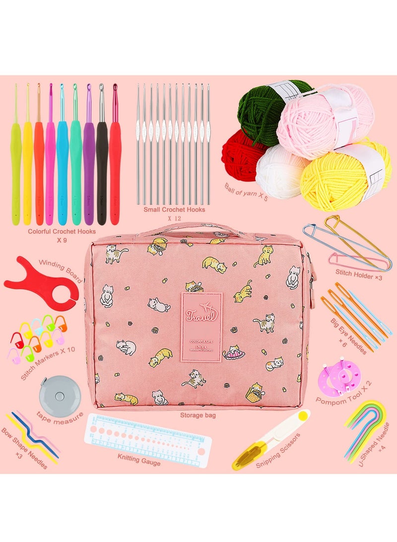 Crochet Kit for Beginners Adults Kids Complete Crochet Set with Yarn Crochet Instruction Crochet Hook Storage Case Knitting & Crochet Supplies Ideal Crochet Gift for Crocheter Beginner (Pink)