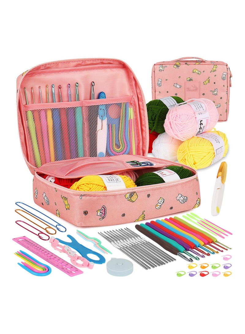Crochet Kit for Beginners Adults Kids Complete Crochet Set with Yarn Crochet Instruction Crochet Hook Storage Case Knitting & Crochet Supplies Ideal Crochet Gift for Crocheter Beginner (Pink)