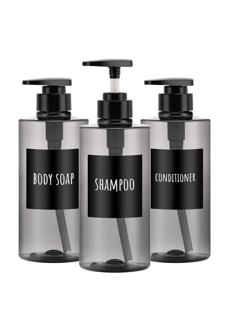 Segbeauty Shower Bottles Refillable, 3pcs 16.9oz/500ml Liquid Soap Dispenser with Labels, Empty Plastic Soap Lotion Pump Press Bottles for Shampoo Conditioner Body Soap Hand Soap Bathroom Hotel Gray