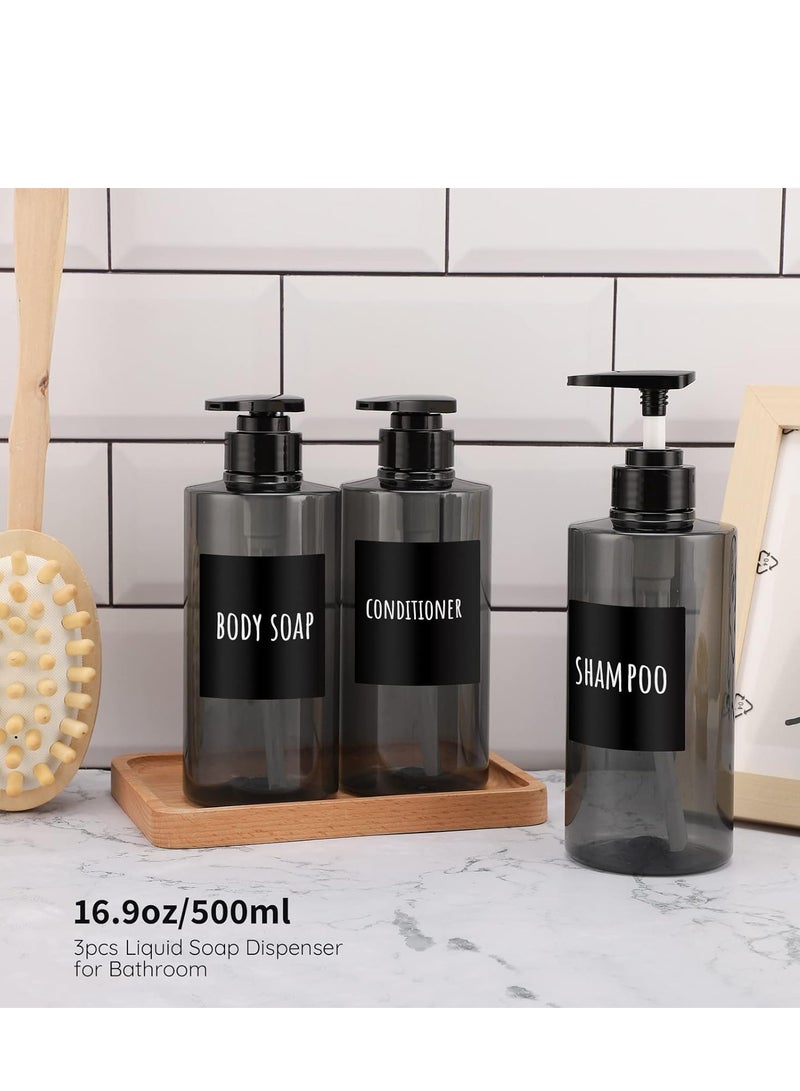 Segbeauty Shower Bottles Refillable, 3pcs 16.9oz/500ml Liquid Soap Dispenser with Labels, Empty Plastic Soap Lotion Pump Press Bottles for Shampoo Conditioner Body Soap Hand Soap Bathroom Hotel Gray