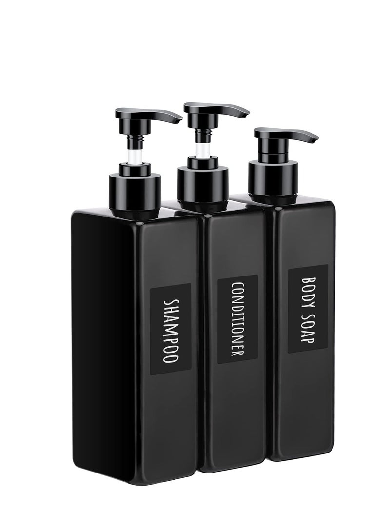 Segbeauty Shower Refillable Dispenser, 3pcs 16.9oz 500ml Pump Press Bottles with Labels, Empty Reusable Plastic Soap Dispenser Bathroom Shower Containers for Body Wash Shampoo Conditioner Lotion Black