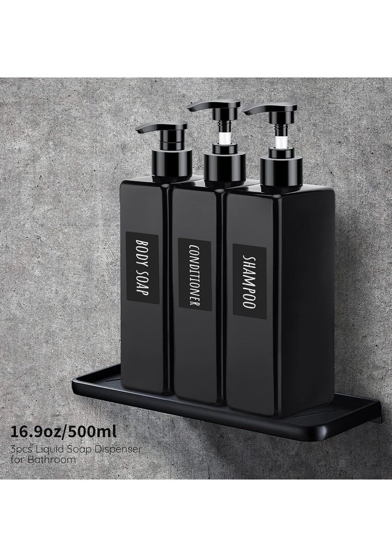 Segbeauty Shower Refillable Dispenser, 3pcs 16.9oz 500ml Pump Press Bottles with Labels, Empty Reusable Plastic Soap Dispenser Bathroom Shower Containers for Body Wash Shampoo Conditioner Lotion Black