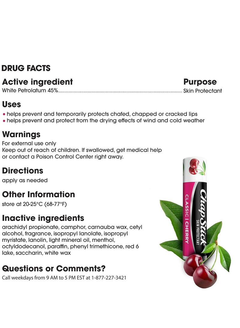 ChapStick Classic Skin Protectant Flavored Lip Balm Tube, Cherry Flavor, 0.15 Ounce (Pack of 3)