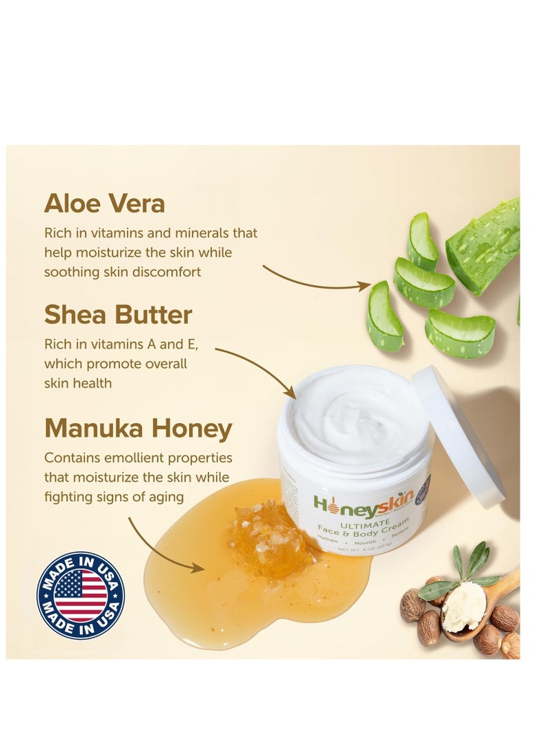 Hydrating Face Moisturizer & Body Cream with Manuka Honey Cream & Coconut Body Oil - Organic Face Moisturizer and Body Lotion for Extremely Dry Skin - For Dry Itchy Skin & Rosacea Treatment (8oz)