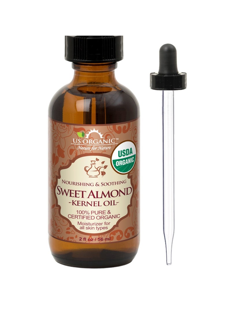 US Organic Sweet Almond Kernel Oil, USDA Certified Organic,100% Pure & Natural, Cold Pressed Virgin, Unrefined in Amber Glass Bottle w/Eyedropper, Sourced from Poland (2 oz (56 ml))