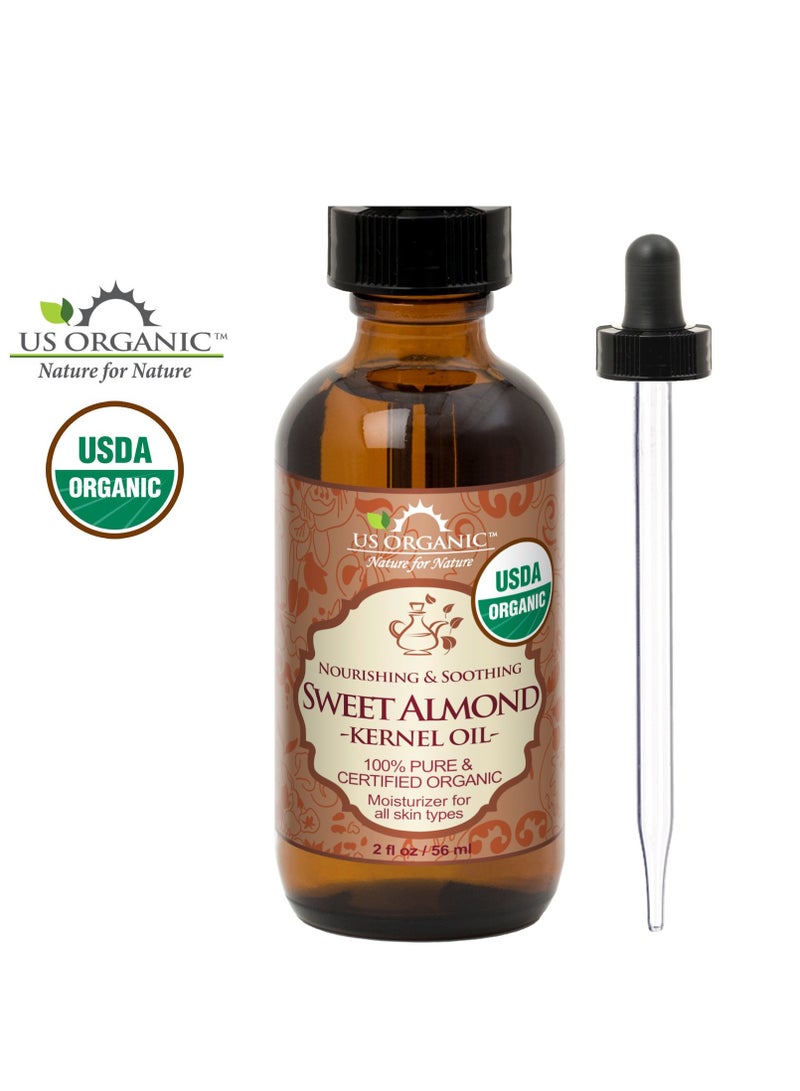 US Organic Sweet Almond Kernel Oil, USDA Certified Organic,100% Pure & Natural, Cold Pressed Virgin, Unrefined in Amber Glass Bottle w/Eyedropper, Sourced from Poland (2 oz (56 ml))