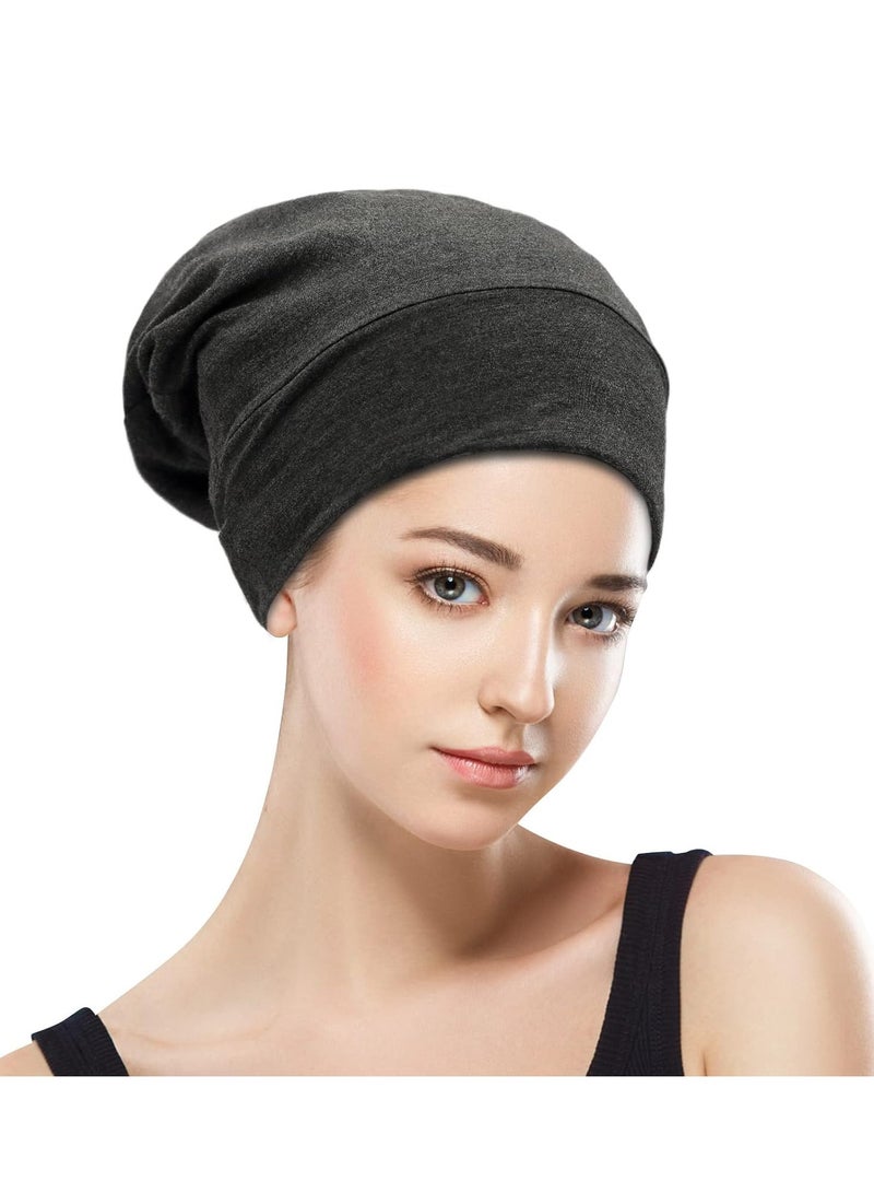 Silk Satin Lined Bonnet Sleep Cap - Adjustable Stay on All Night Hair Wrap Cover Slouchy Beanie for Curly Hair Protection for Women and Men - Solid Dark Grey