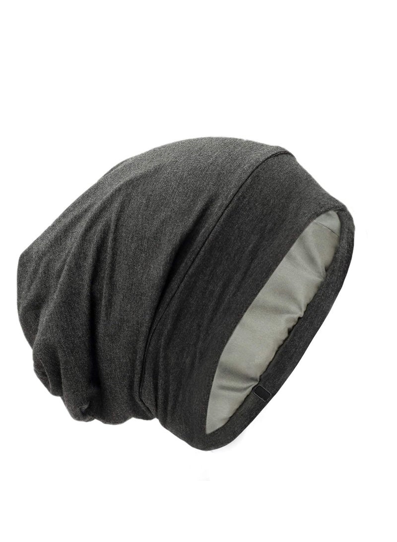 Silk Satin Lined Bonnet Sleep Cap - Adjustable Stay on All Night Hair Wrap Cover Slouchy Beanie for Curly Hair Protection for Women and Men - Solid Dark Grey