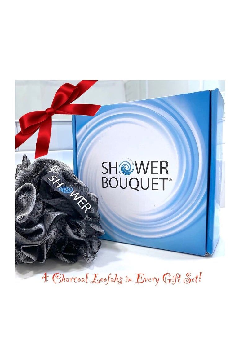 SHOWER BOUQUET Loofah-Charcoal Bath-Sponge-Color-Set XL-75g Extra Large 4 Pack, Soft Mesh Black Loufa Puff - Exfoliating Body Scrubber for Women and Men: Soothing Face & Body Exfoliator