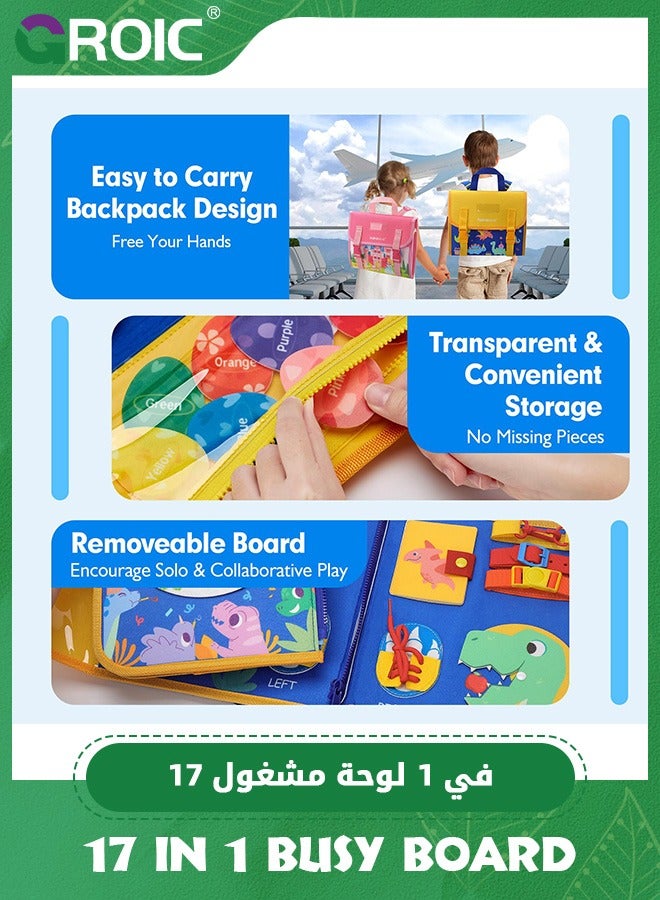 17 in 1 Busy Board Book for Toddlers, Kids Busy Backpack Montessori Toys, Dinosaur Toys Quiet Activity Book Preschool Learning Activities with 12 Life Skill Number, Shapes, Colors, Puzzles, Alphabet