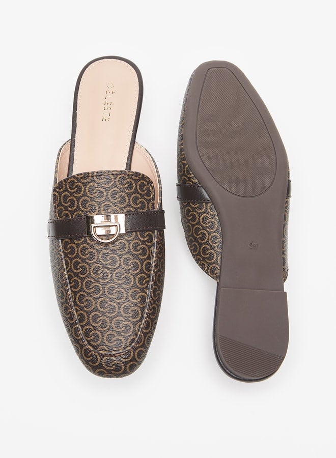 Women's Monogram Print Slip-On Mules with Metal Accent