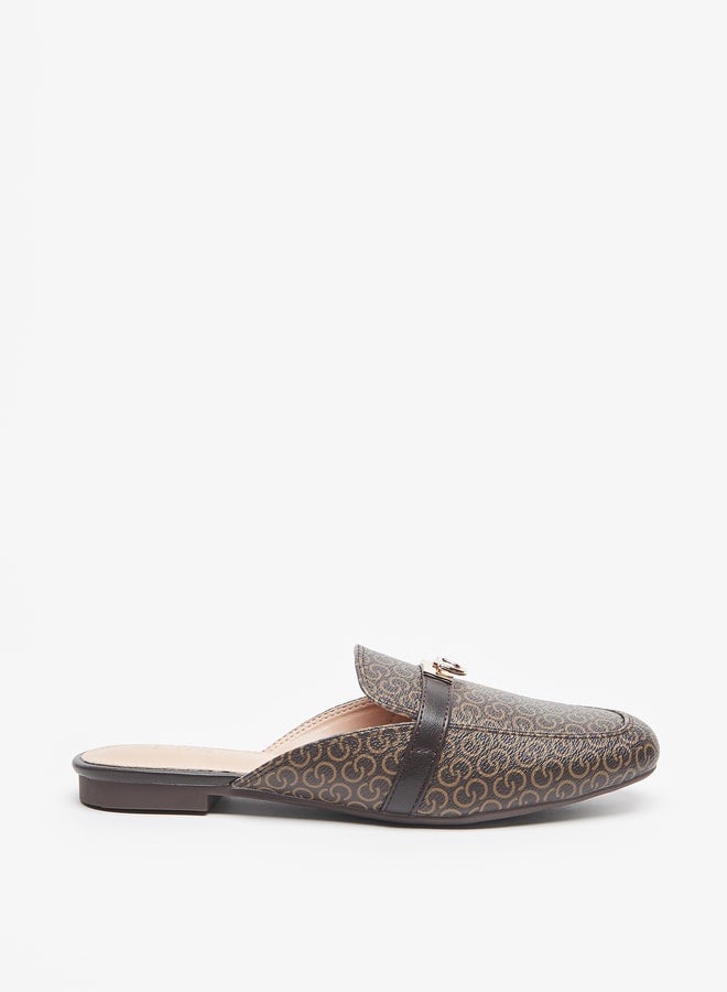 Women's Monogram Print Slip-On Mules with Metal Accent