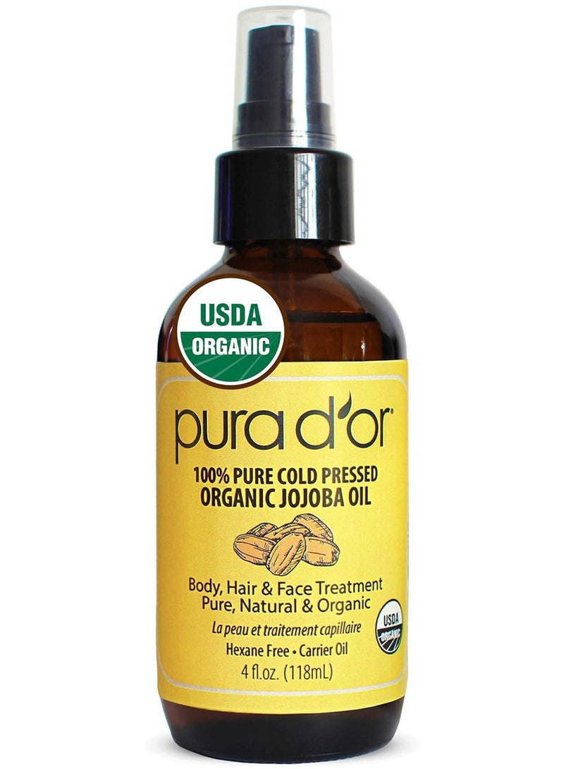 PURA D'OR Organic Jojoba Oil (4oz / 118mL) 100% Pure USDA Certified Premium Grade Natural Moisturizer: Cold Pressed,Unrefined,Hexane-Free Base Carrier for DIY Skin Care,Hair,Face & Nails