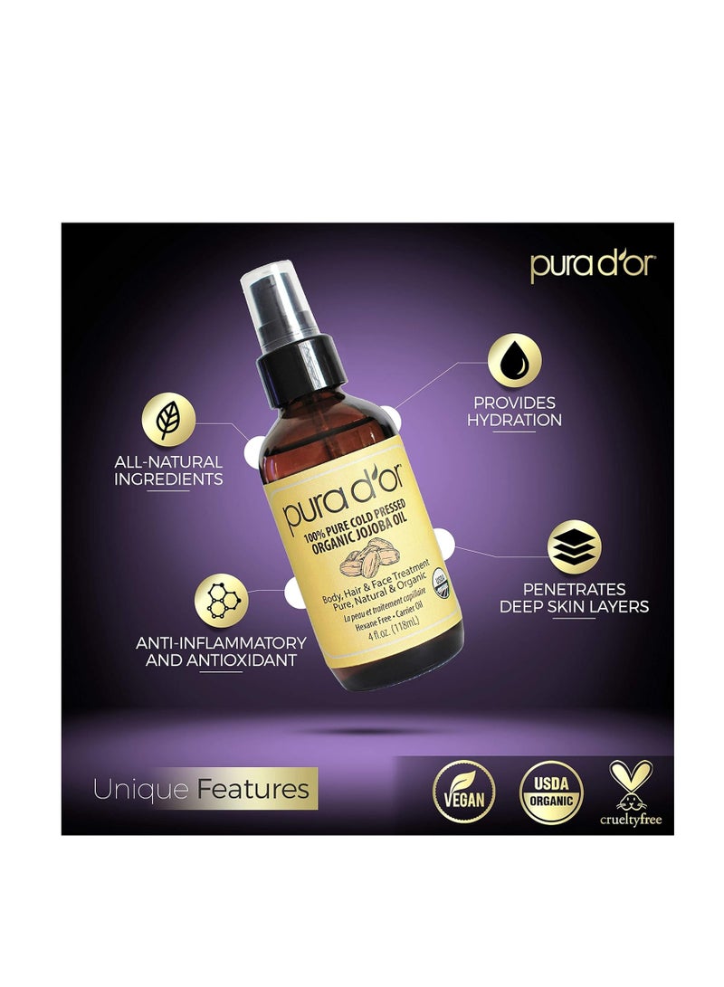 PURA D'OR Organic Jojoba Oil (4oz / 118mL) 100% Pure USDA Certified Premium Grade Natural Moisturizer: Cold Pressed,Unrefined,Hexane-Free Base Carrier for DIY Skin Care,Hair,Face & Nails